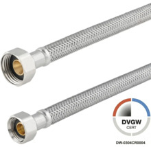 Flexibele aansluitslang van roestvrijstalen vlechtwerk voor sanitaire installaties met DVGW-keurmerk.