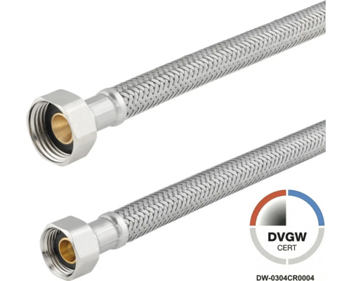Flexibele aansluitslang van roestvrijstalen vlechtwerk voor sanitaire installaties met DVGW-keurmerk.