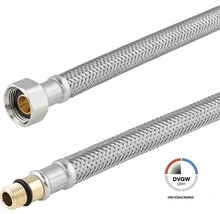 Flexibele aansluitslang voor kranen met roestvrijstalen vlechtwerk, schroefdraadaansluitingen en DVGW-certificering.