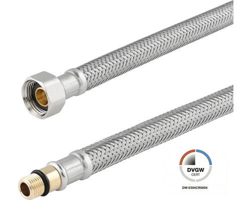 Flexibele aansluitslang voor kranen met roestvrijstalen vlechtwerk, schroefdraadaansluitingen en DVGW-certificering.