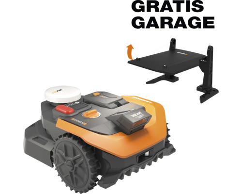 Worx Landroid Vision robotmaaier in oranje en zwart inclusief gratis garage.