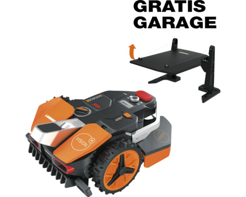 Worx Landroid Vision robotmaaier in oranje en zwart met gratis garage.