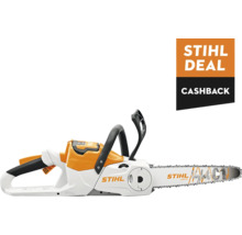 Stihl accu-kettingzaag met vermelding van een cashbackactie.