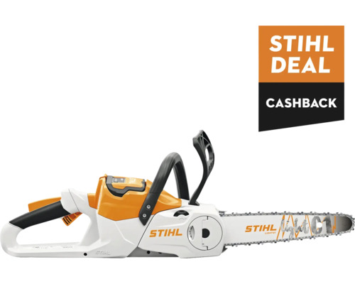 Stihl accu-kettingzaag met vermelding van een cashbackactie.