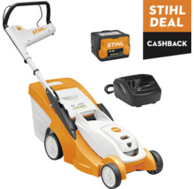 Stihl accu-grasmaaier set met AK 20 accu, oplader en Stihl Logo. Stihl Deal Cashback actie.