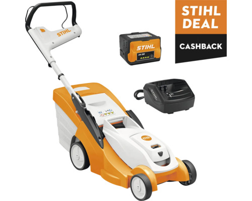 Stihl accu-grasmaaier set met AK 20 accu, oplader en Stihl Logo. Stihl Deal Cashback actie.