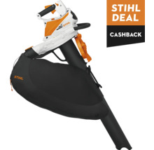 STIHL bladzuiger in wit en oranje met zwarte opvangzak en melding van de STIHL Deal Cashback actie.