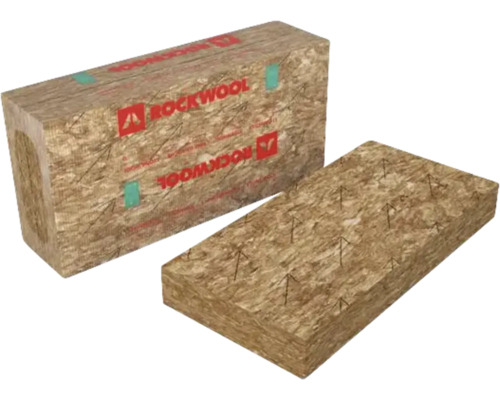 Rockwool steenwol isolatieplaten, een pakket en een losse plaat met Rockwool logo.