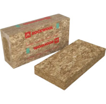 Rockwool steenwol isolatieplaat en verpakking met Rockwool Logo voor thermische isolatie.