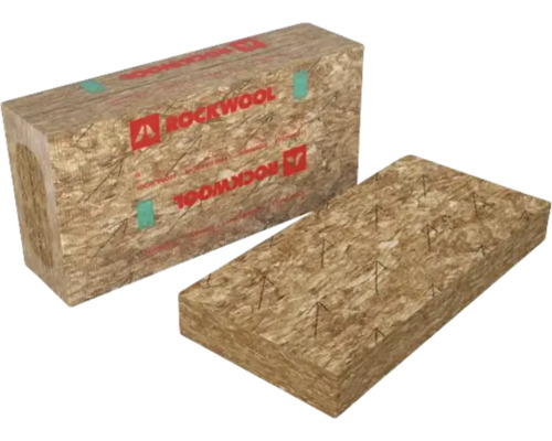 Rockwool steenwol isolatieplaat en verpakking met Rockwool Logo voor thermische isolatie.