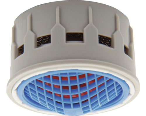 Straalregelaar inzetstuk van kunststof voor kranen met een blauwe zeef.