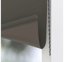 Close-up van een antraciet rolgordijn met een zwarte kralenketting voor raammontage.