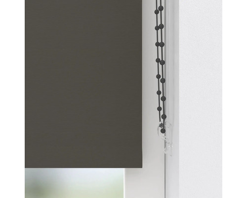 Donkergrijs rolgordijn met kettingbediening en veiligheidsclip op het raamkozijn.