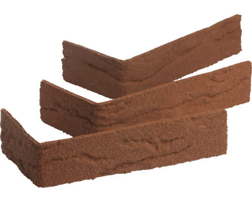 Drie L-vormige hoeksteenstrips met een bruin gestructureerd oppervlak.