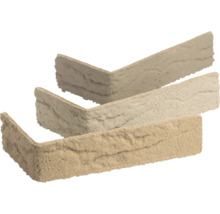 Beige hoekstrips in L-vorm met gestructureerde natuursteenlook.