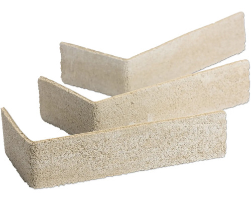 Drie L-vormige hoekstrips in steenlook met gestructureerd oppervlak.