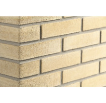 Steenstrips met ruwe textuur in halfsteensverband met grijze voegen.