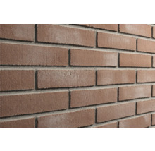 Steenstrips met baksteenlook, roodbruin genuanceerd, ruw oppervlak, met grijze voegen.