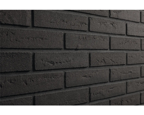 Getextureerde donkere steenstrips in baksteenlook met een ruw oppervlak in halfsteensverband voor wandbekleding.