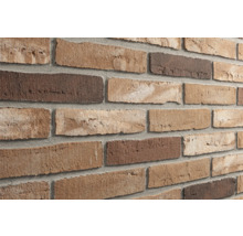 Steenstrips met baksteenlook en ruwe structuur in diverse bruintinten.