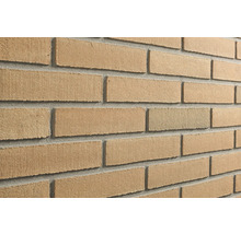 Steenstrips in baksteenlook met een gestructureerd, zanderig oppervlak en voegen.