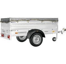 Humbaur aluminium aanhangwagen met Hornbach Logo, verhoogde zijwanden en bagagenet.
