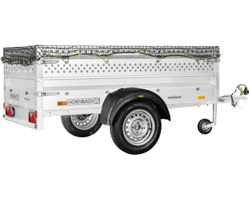 Humbaur aluminium aanhangwagen met Hornbach Logo, verhoogde zijwanden en bagagenet.