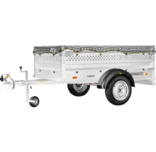 Zilveren Humbaur eenassige aanhangwagen met geperforeerde opzetranden en zwart bagagenet.