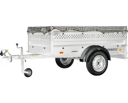 Zilveren Humbaur eenassige aanhangwagen met geperforeerde opzetranden en zwart bagagenet.