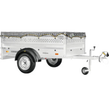 Humbaur aanhangwagen met opzetboorden, loofrek, bagagenet en neuswiel.