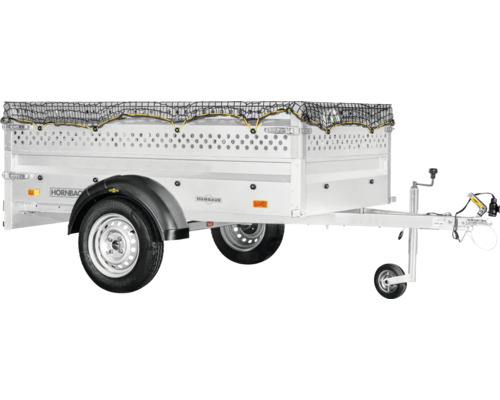 Humbaur aanhangwagen met opzetboorden, loofrek, bagagenet en neuswiel.