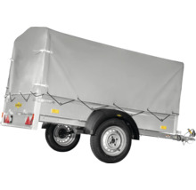 Humbaur enkelas aanhangwagen met grijs hoog dekzeil, metalen frame en zwarte spatborden.