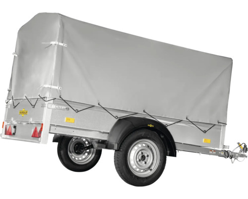 Humbaur enkelas aanhangwagen met grijs hoog dekzeil, metalen frame en zwarte spatborden.