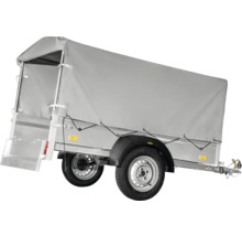 Enkelas aanhangwagen met hoge grijze huif en aluminium zijwanden.