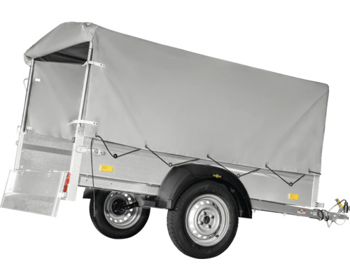 Enkelas aanhangwagen met hoge grijze huif en aluminium zijwanden.