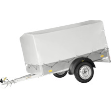 Auto-aanhanger met grijs hoogzeil en frame voor het beschermd vervoeren van goederen.