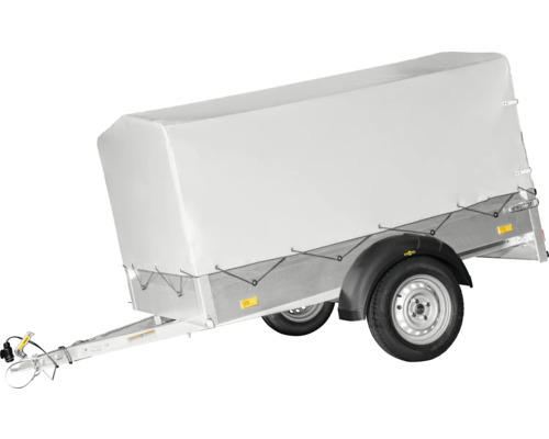 Auto-aanhanger met grijs hoogzeil en frame voor het beschermd vervoeren van goederen.
