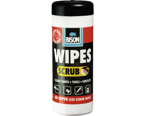 Bison Scrub Wipes schoonmaakdoekjes, 40 stuks, voor handen, gereedschap en oppervlakken, verwijdert lijm, verf en olie, Bison Logo.