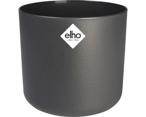 Ronde Elho plantenpot van kunststof in antraciet met Elho Logo.