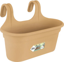 Elho balkonbak van kunststof met geïntegreerde haken voor bevestiging aan een balkonreling.