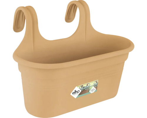 Elho balkonbak van kunststof met geïntegreerde haken voor bevestiging aan een balkonreling.