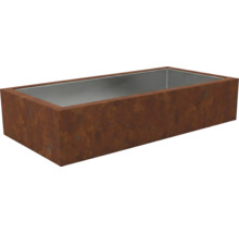 Rechthoekige metalen plantenbak met roestoppervlak en zilverkleurige binnenzijde.