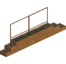 Modulaire verhoogde plantenbak met glazen windscherm en getrapte plantenbakken in roestlook.