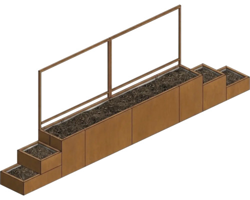 Modulaire verhoogde plantenbak met glazen windscherm en getrapte plantenbakken in roestlook.