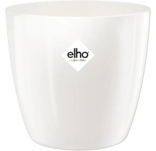 Witte ronde bloempot van kunststof met Elho Logo.