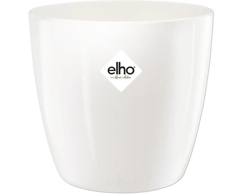 Witte ronde bloempot van kunststof met Elho Logo.