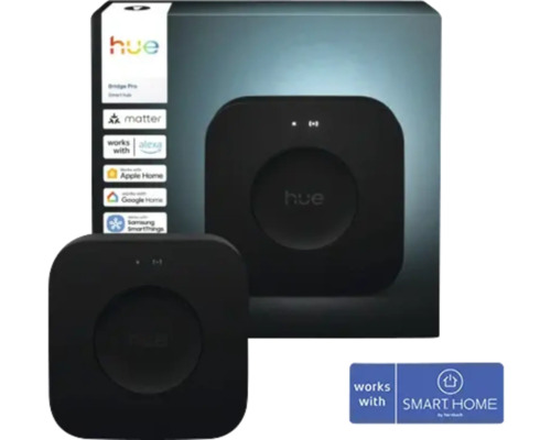 Zwarte Philips Hue Bridge Pro Smart Hub, compatibel met Matter, Alexa, Apple Home, Google Home, Samsung SmartThings en Hornbach Smart Home.