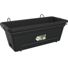 Zwarte rechthoekige balkonbak van kunststof inclusief metalen houder en geïntegreerde schotel.