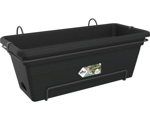 Zwarte rechthoekige balkonbak van kunststof inclusief metalen houder en geïntegreerde schotel.