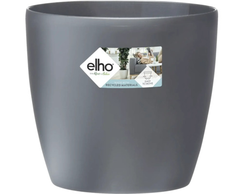 Elho bloempot van gerecycled kunststof, rond, grijs. Elho Logo. Gemaakt van gerecyclede materialen. Gemakkelijk te verplaatsen.